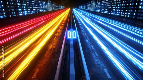Dynamic visual of converging colored streams and binary code on a dark blue gradient background
