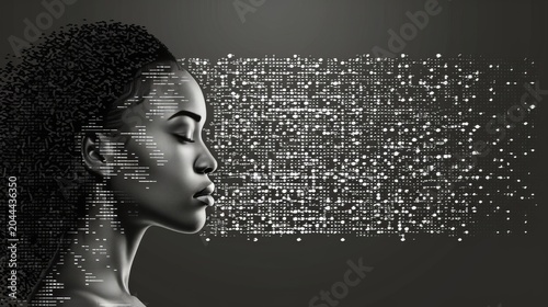 Digital portrait of a serene woman with african features in binary code against a dark gradient