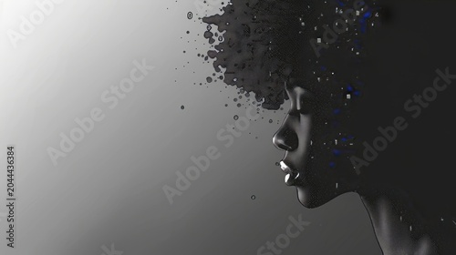 Digital portrait of a calm woman with african features, merging human and binary code aesthetics