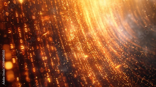 Falling golden orange binary code on dark gray background with bokeh sparks and glowing effects
