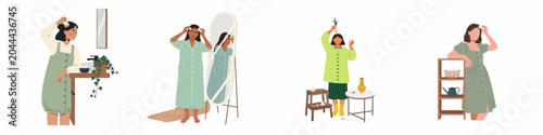 Bild auf Leinwand Illustration set of women using garlic for natural hair care treatment and home beauty remedies, depicted in various daily life settings