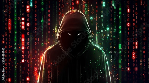 Hacker silhouette surrounded by glowing binary code in green and red on dark gradient background
