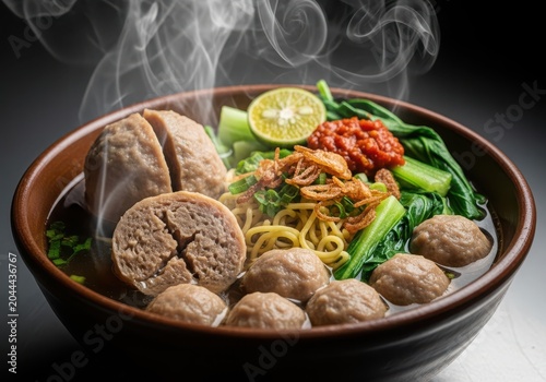 Delicious indonesian bakso meatball soup with noodles and vegetables