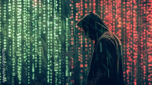 Mysterious hacker silhouette surrounded by glowing binary code  a digital intrusion scene