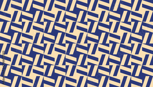 Tableau sur toile Seamless geometric pattern with abstract rectangular blocks arranged in a woven or basketweave style using a two-tone palette of navy blue and cream, modern repeating design