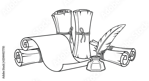 Bilde på lerret Vintage writing set with scrolls and quill pen black and white illustration