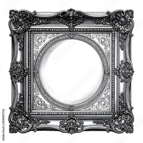 A ornate, square-shaped frame with intricate designs and a circular opening
