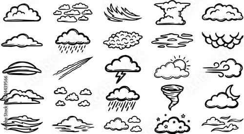 Tableau sur toile Black and White Line Art Icons of Weather Phenomena and Clouds