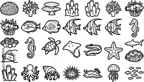 Bild auf Leinwand Black and White Line Art Icons of Diverse Marine Life and Coral Reefs for Underw