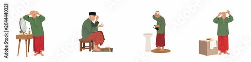 Obraz na płótnie Collection of flat illustrations showing an elderly Muslim man in traditional attire performing daily routines, grooming, and religious preparation on a white background