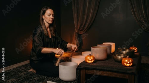 Woman playing singing bowl with pumpkins and candles at halloween