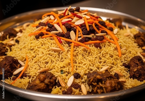 Traditional kabsa rice dish with meat, carrots, raisins, and almonds