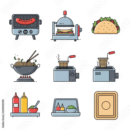 Set of kitchen appliances and food icons