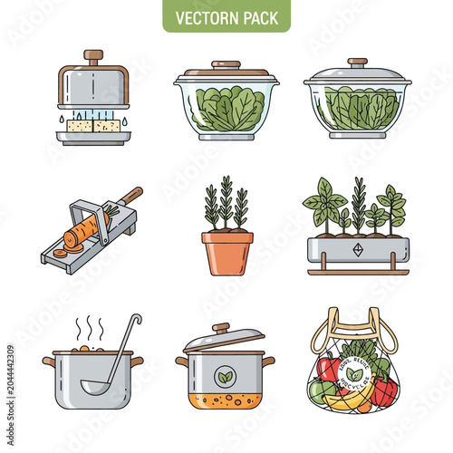 Set of kitchen and cooking icons with fresh vegetables and herbs