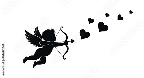 Fotografie Cupid silhouette flying with bow and arrow shooting hearts in love