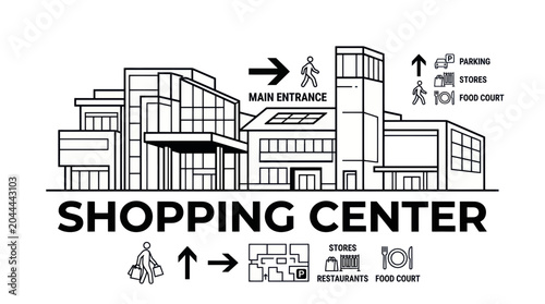 Shopping Center Facade with Icons for Entrance, Parking, Stores, and Food Court