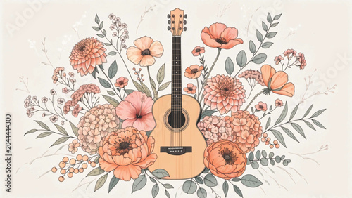 Cute boho acoustic guitar surrounded by pastel wildflowers and soft green leaves