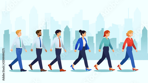 Quadro su tela Group of business people walking together against city skyline flat illustration