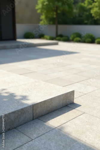 Modern minimalist stone steps and patio design, showcasing subtle textural contrast and clean lines in a serene outdoor setting