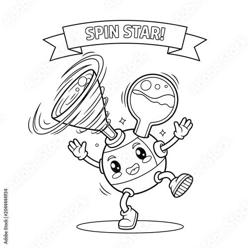 Cute rotary evaporator (rotovap) mascot, science laboratory equipment cartoon outline illustration for kids coloring book.