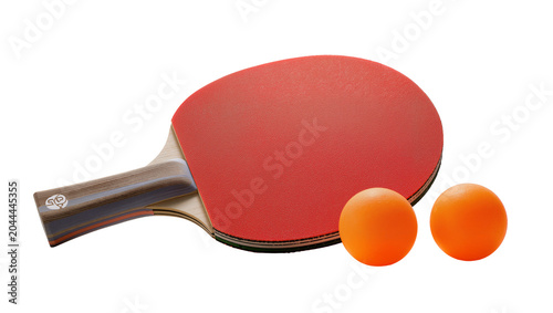 Fotografie Red ping pong paddle with two orange balls