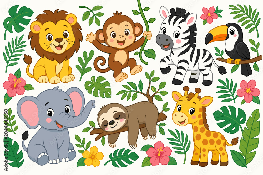 Fototapeta premium Cute cartoon jungle animals and tropical plants collection