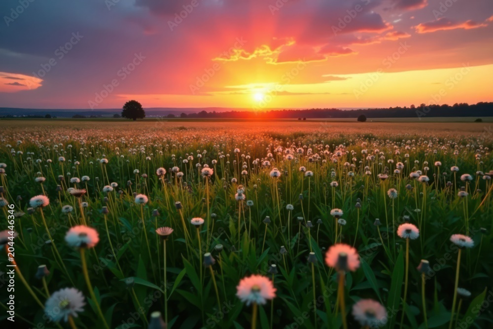 Fototapeta premium Serene Sunset over a Field of Delicate White Flowers at Golden Hour