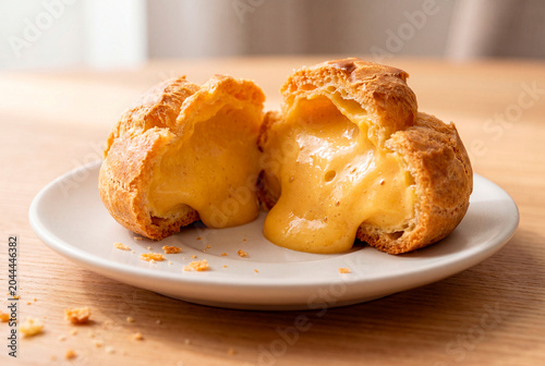 Halved cream puff with overflowing zabaione cream