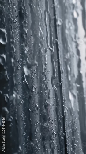 Close-up of water condensation droplets on metallic industrial surface.