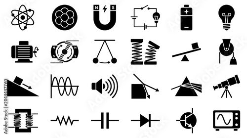 Comprehensive vector illustration collection for science, technology, and engineering, enhancing Education and Learning with essential physics and electronics symbols and concepts