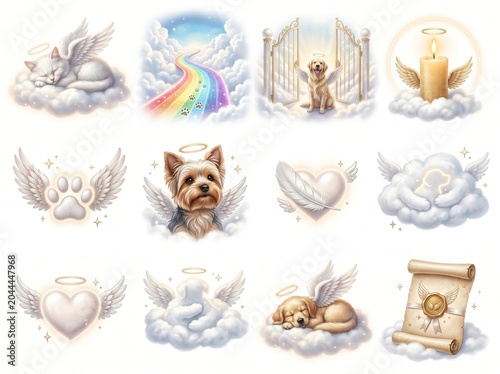 Pet Memorial Clipart Set Angel Dog And Cat Rainbow Bridge Heaven Wings Paw Print Heart Candle Guardian Angel Graphic Illustrations Isolated On White Background Digital Planner Scrapbooking Art Element