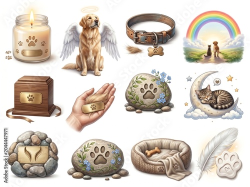 Pet Memorial Clipart Set Rainbow Bridge Memory Urn Angel Dog Paw Print Stone Keepsake Candle Pet Bed Cat On Moon Sympathy Graphics Isolated On White Background Digital Planner Scrapbooking Art Element