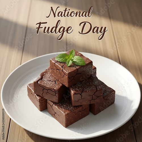 Delicious chocolate fudge pieces stacked on a white plate with mint leaves on top for national fudge day celebration