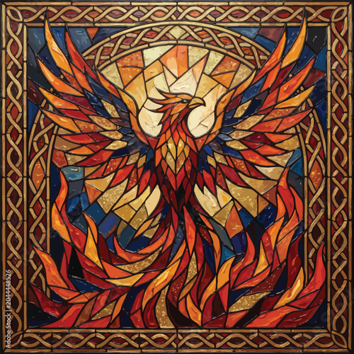 Vibrant Phoenix Rising in Stained Glass Style with Fiery Flames and Ornate Border