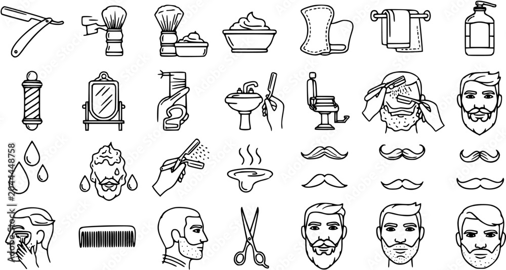 Obraz premium Barber Shop and Men's Grooming Outline Icons Set. Black White Line Art Collection of Shaving Tools, Accessories, and Male Face Elements.