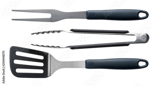 Fotografía Stainless steel barbecue grilling tools set with dark handles