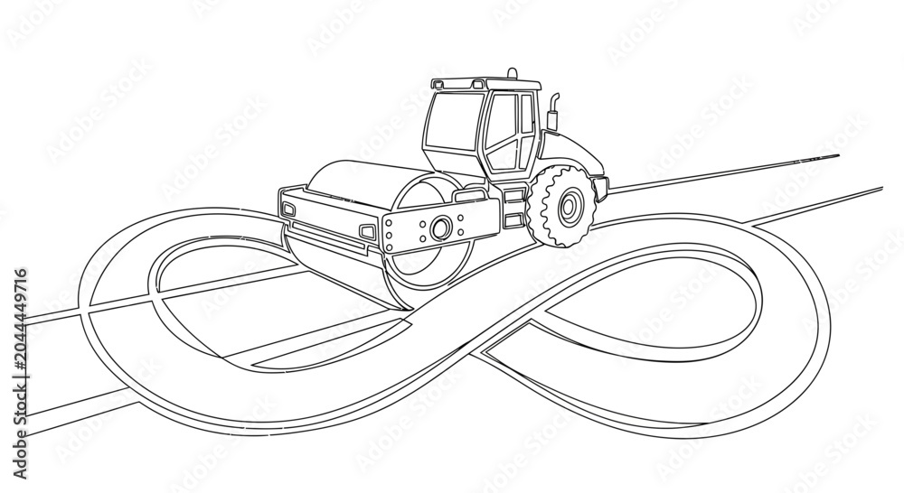 Obraz premium Road roller on infinity loop road, concept of endless work, construction, and repetitive tasks