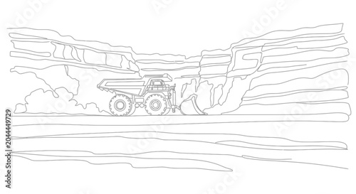 Heavy Mining Truck in Open Pit Quarry, Industrial Excavation Line Art