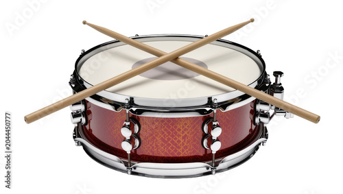 Fotografie Red snare drum with crossed wooden drumsticks