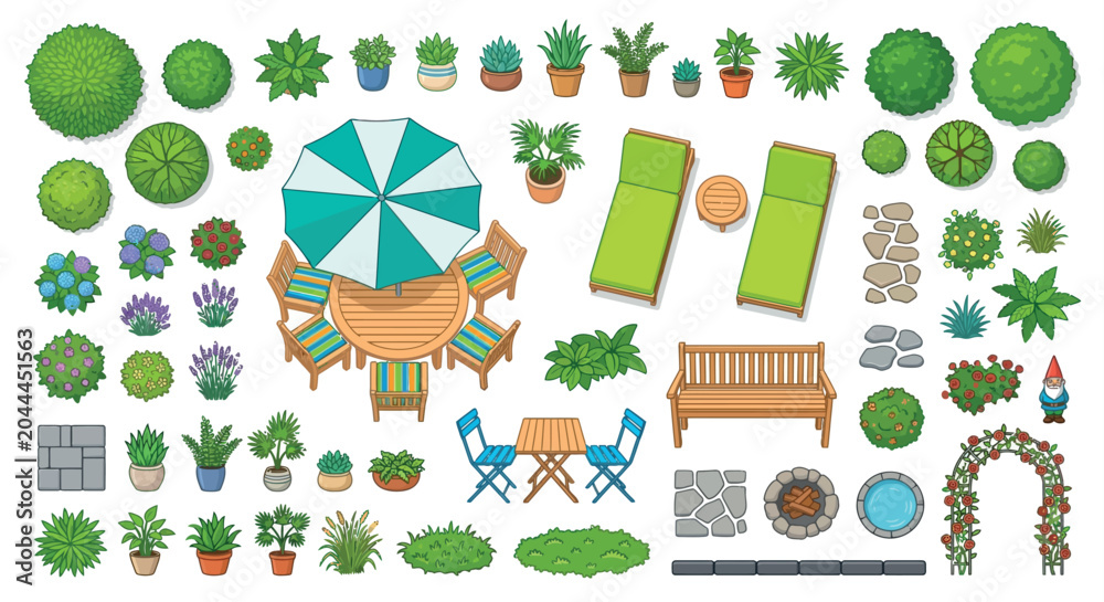 Fototapeta premium Garden Elements Vector Illustration With Plants Furniture And Decorative Objects