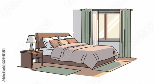 Cozy bedroom with a bed, nightstand, lamp, and window with curtains