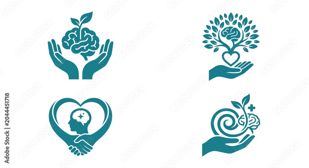 Obraz premium Brain tree heart Symbols Teal Vector Illustrations On White Background