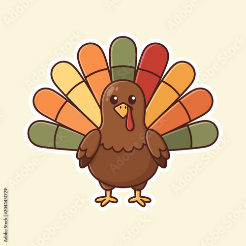 A cute cartoon turkey with colorful feathers on a light yellow background