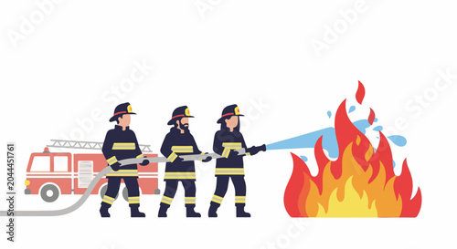 Firefighters extinguish a blaze with a water hose from a truck
