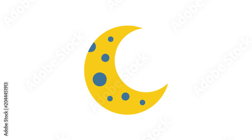 Crescent moon illustration features bright yellow and blue circular textures.