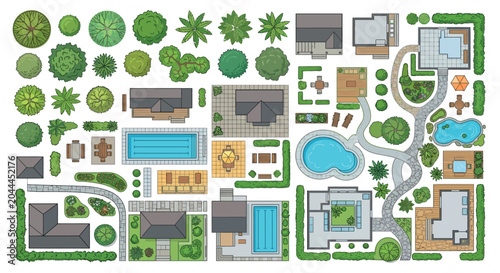 Architectural Plans And Garden Elements Top Down Vector Illustration
