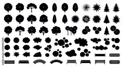 Bild auf Leinwand Tree crown Silhouettes And Park bench Vector Illustration Set