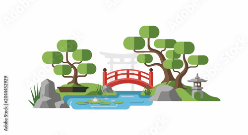Flat illustration of a serene Japanese garden with a bridge and pagoda