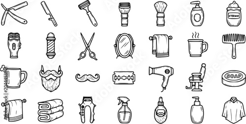 Photos Barbershop Icons Set: Black and White Line Art Collection of Grooming Tools and