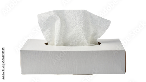 Foto White tissue box with soft paper tissues emerging from the opening